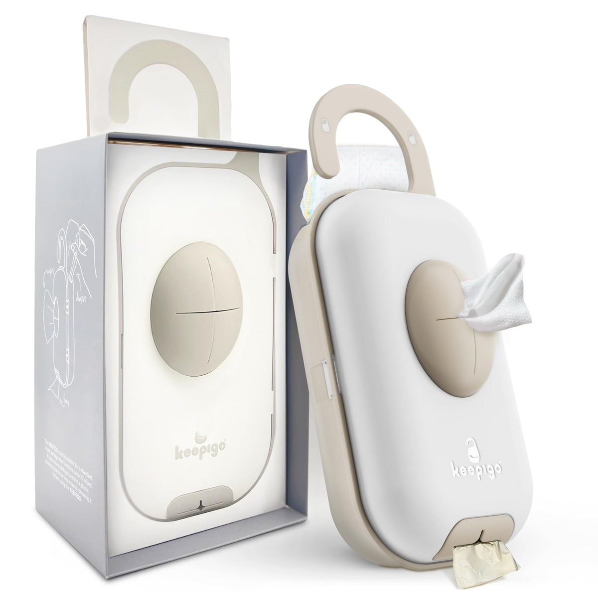 Keepigo diaper bag wipe dispenser, open side view showing compact 3-in-1 organizer for quick on-the-go changes.