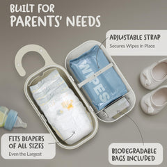 Keepigo wipe dispenser attached to stroller demonstrates stroller-friendly travel organizer.