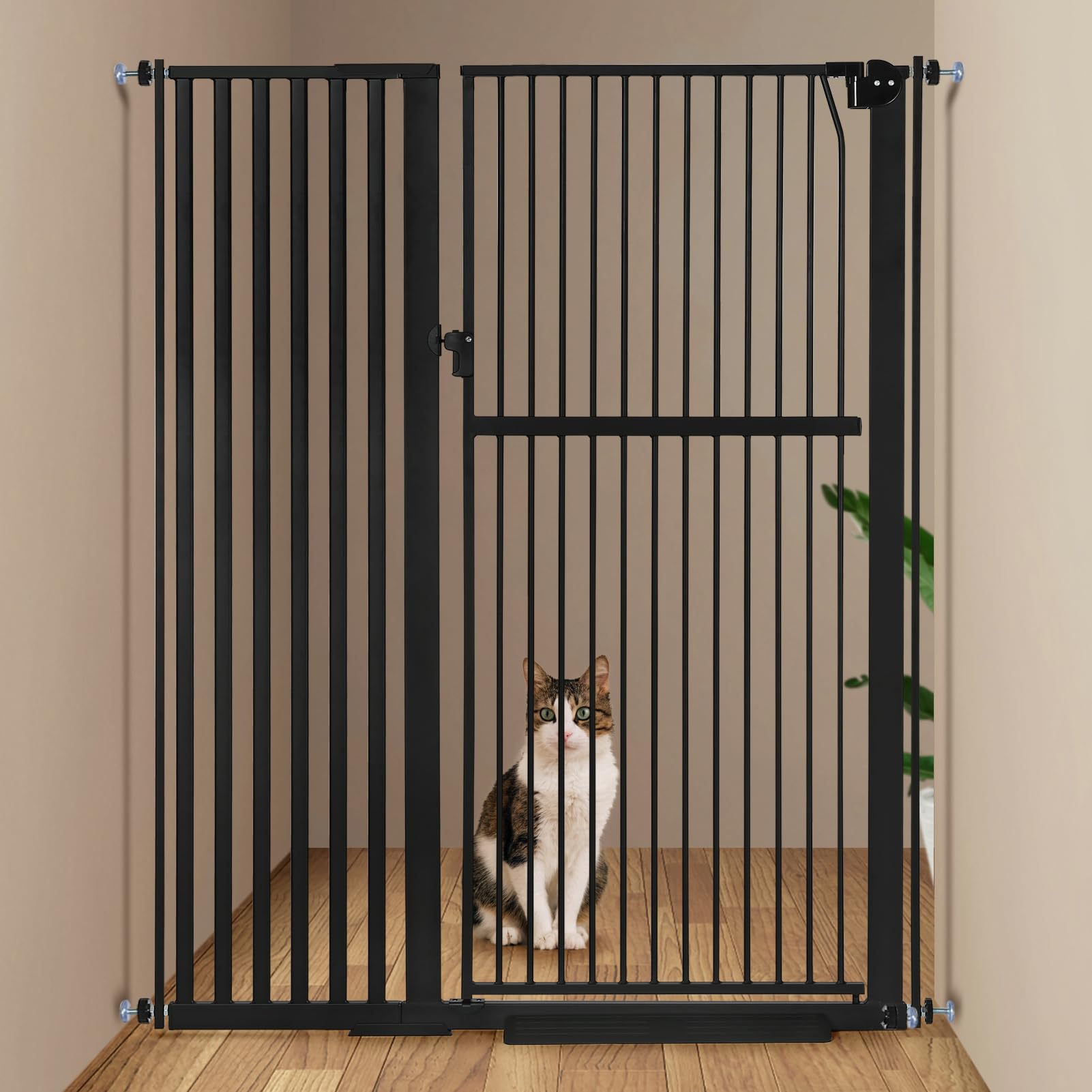 Keeric 59-inch extra tall pet gate, closed to secure stairs and doorways.
