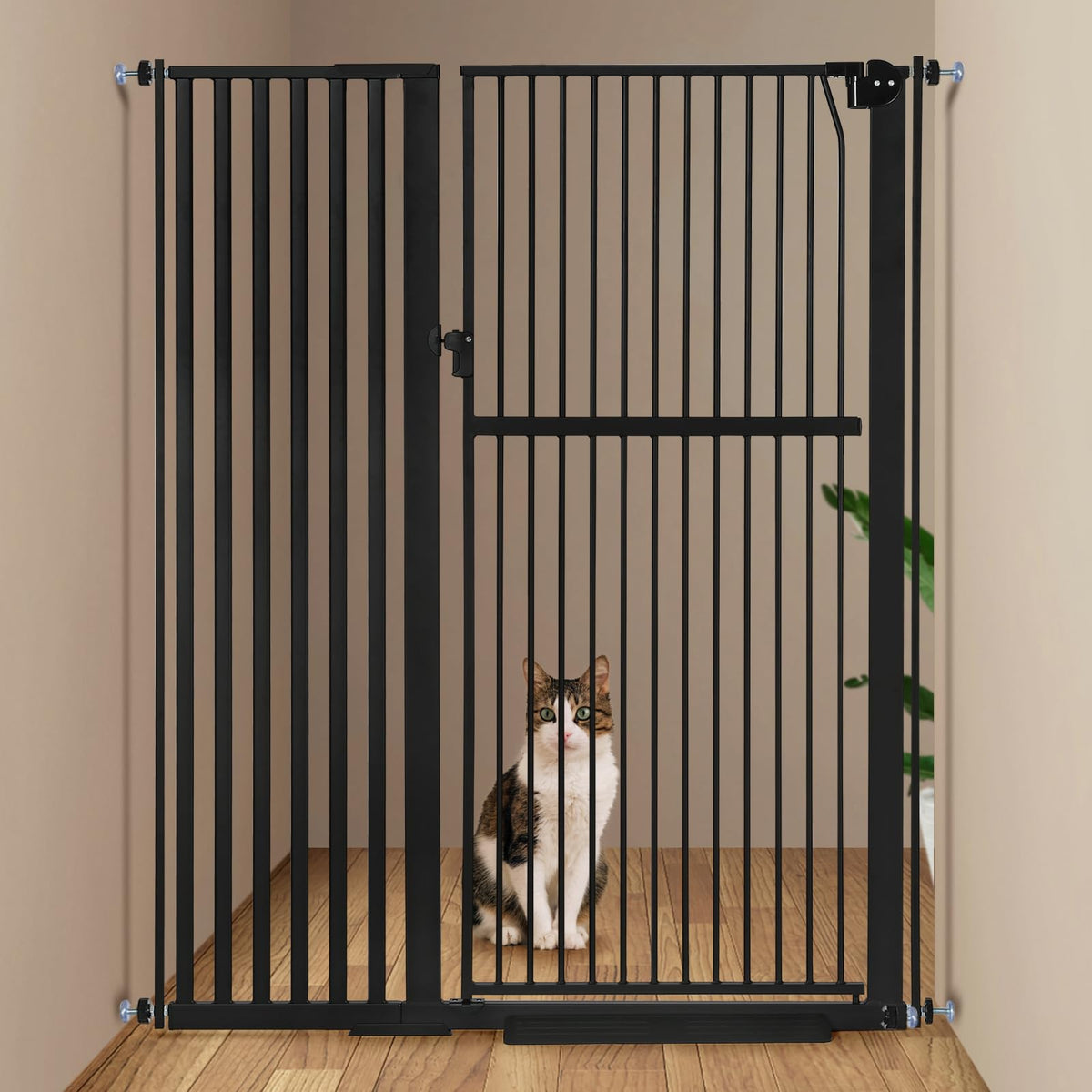Keeric 59-inch extra tall pet gate, closed to secure stairs and doorways.