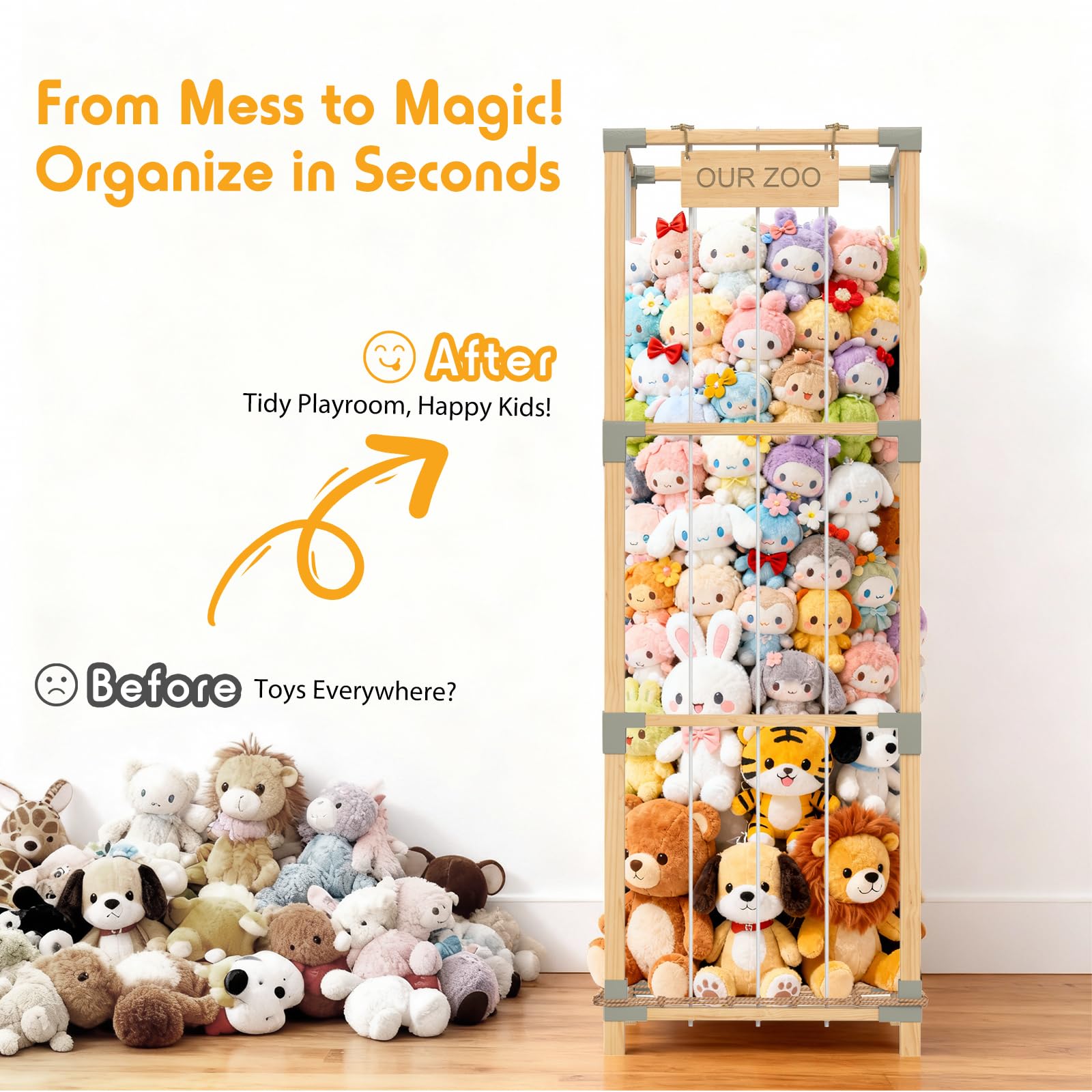 Keeswin 3-tier bamboo toy organizer showcasing space-saving vertical design.
