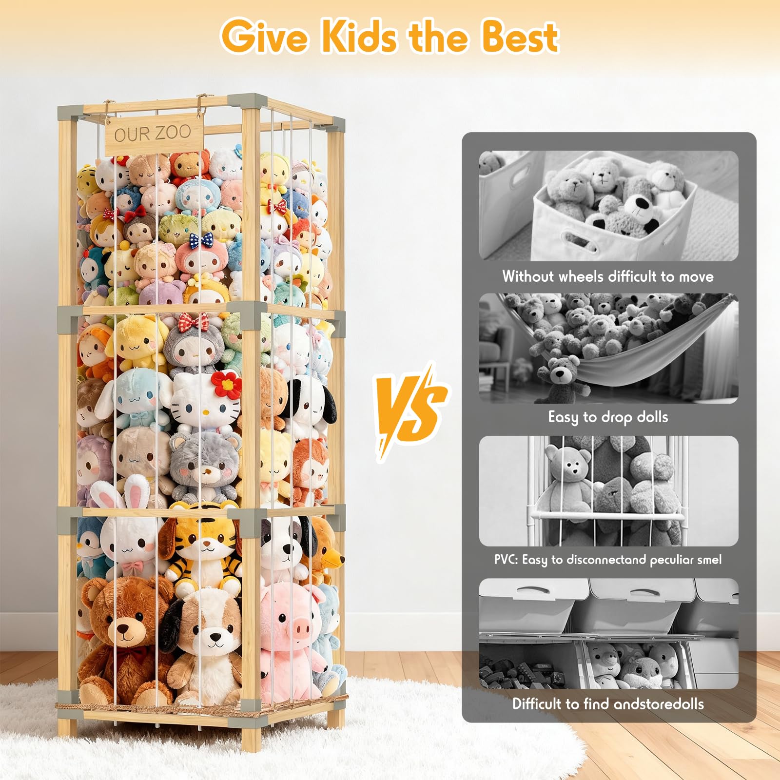 Keeswin bamboo toy organizer with mesh pocket for easy toy access.