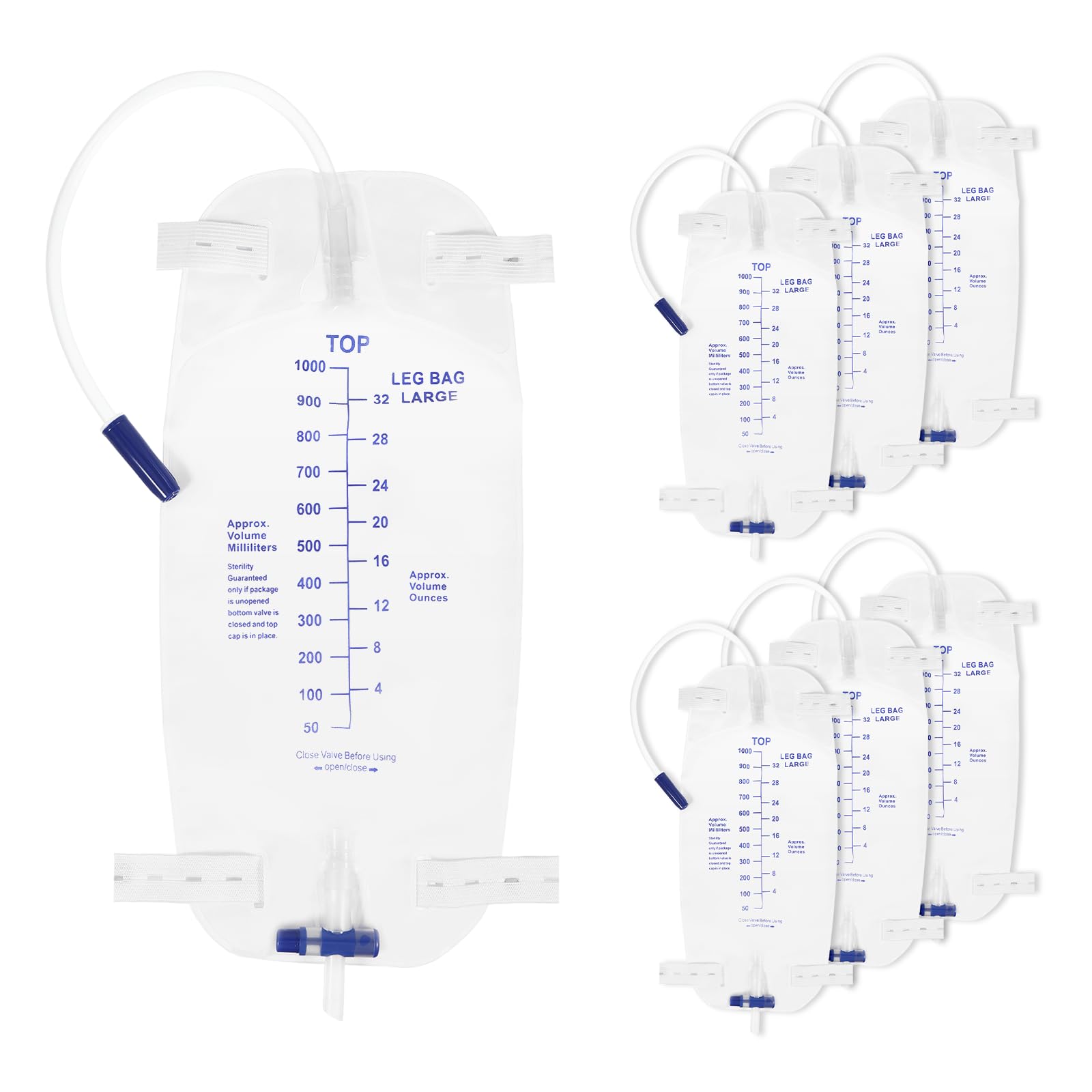 Keggaen 6-pack catheter bags 1000ml ready for all-day wear and easy handling.