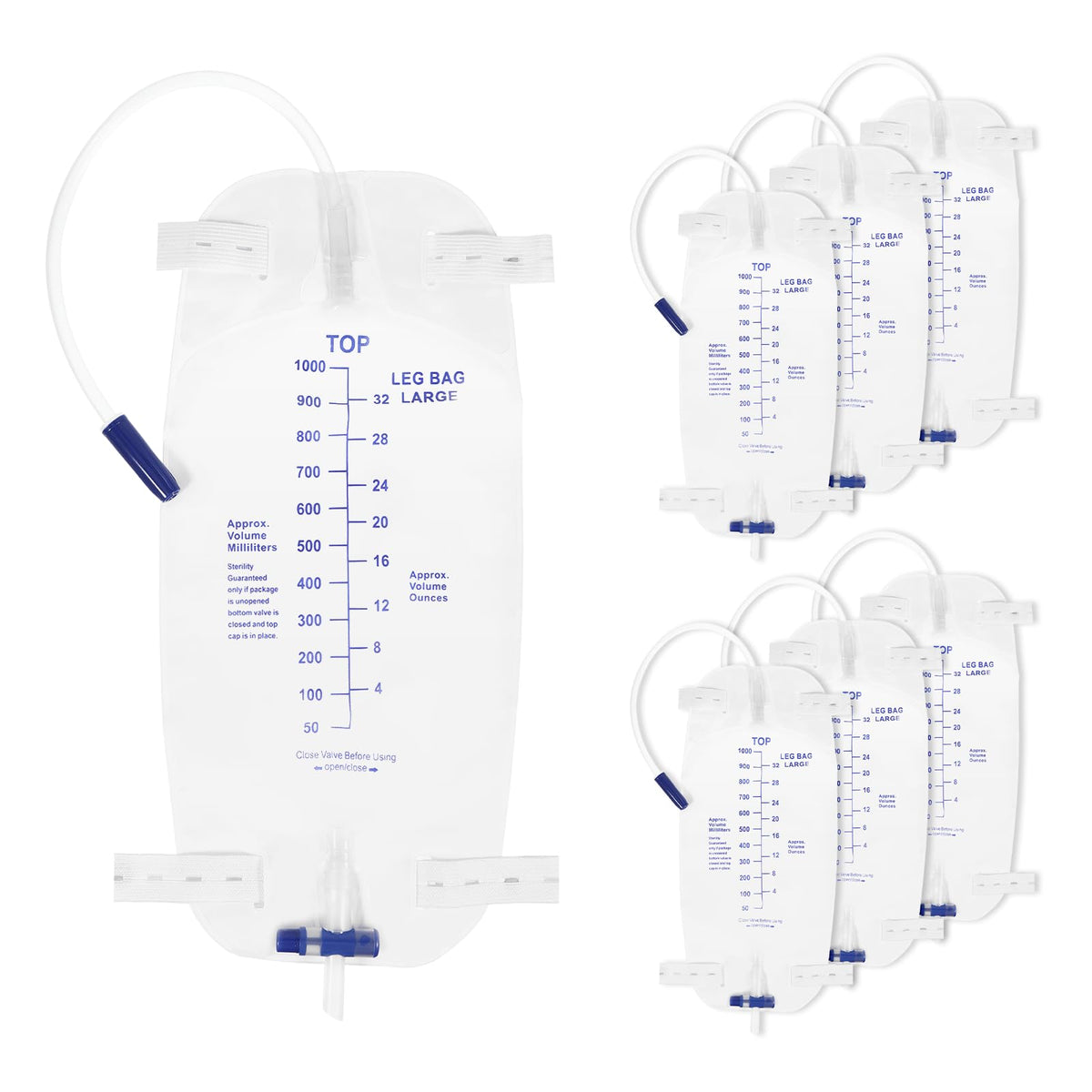 Keggaen 6-pack catheter bags 1000ml ready for all-day wear and easy handling.