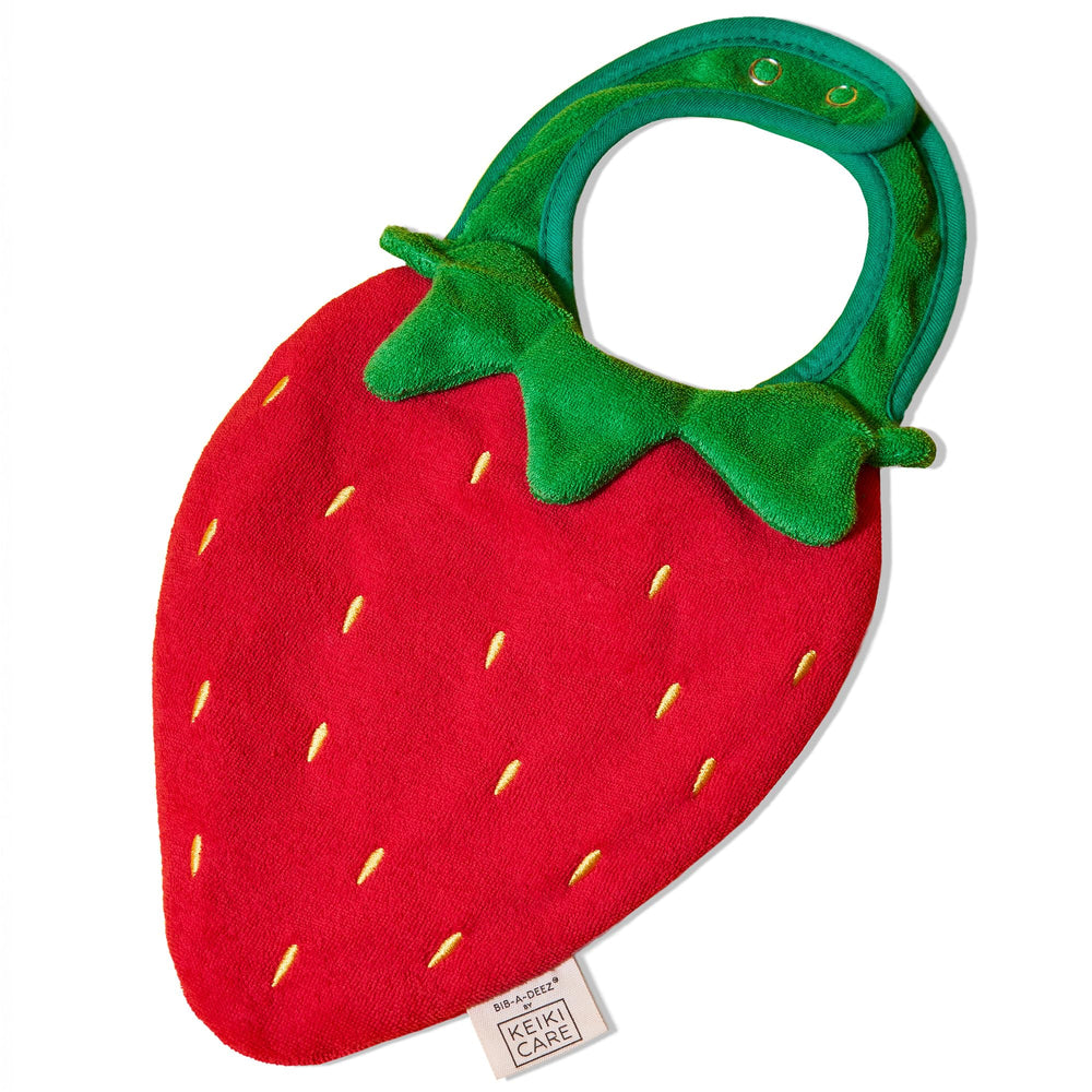Keiki Care strawberry-shaped drool bib close-up with soft cotton layers for drool protection.