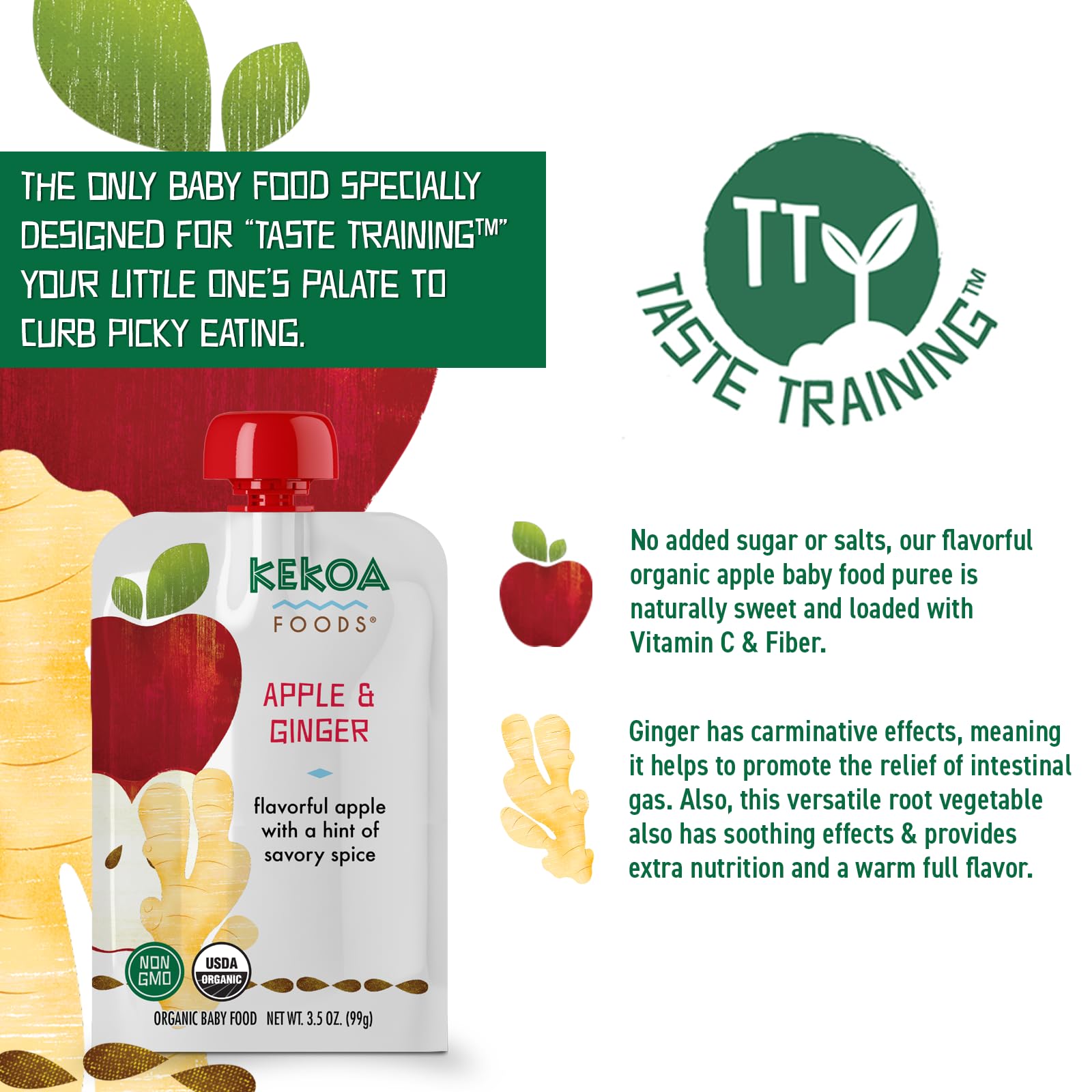 Kekoa Foods Apple Ginger Purée on-the-go pouch ready for travel