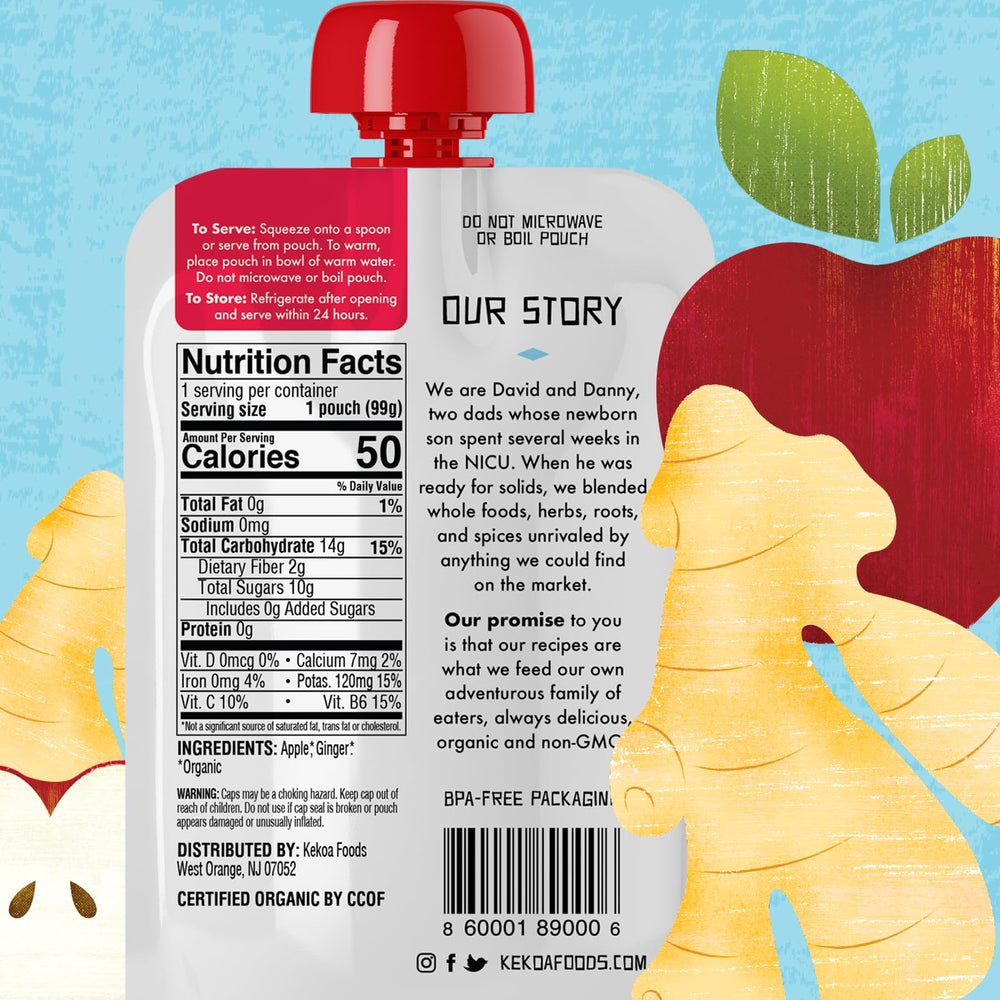 Kekoa Foods Apple Ginger Purée pouch being squeezed highlights easy feeding for babies