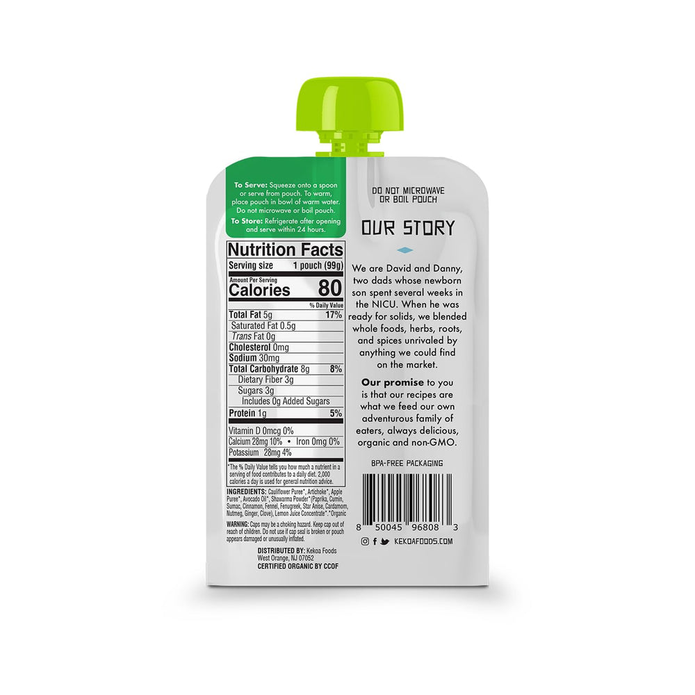 Kekoa Foods organic baby puree pouch label close-up for quick, mess-free mealtimes.