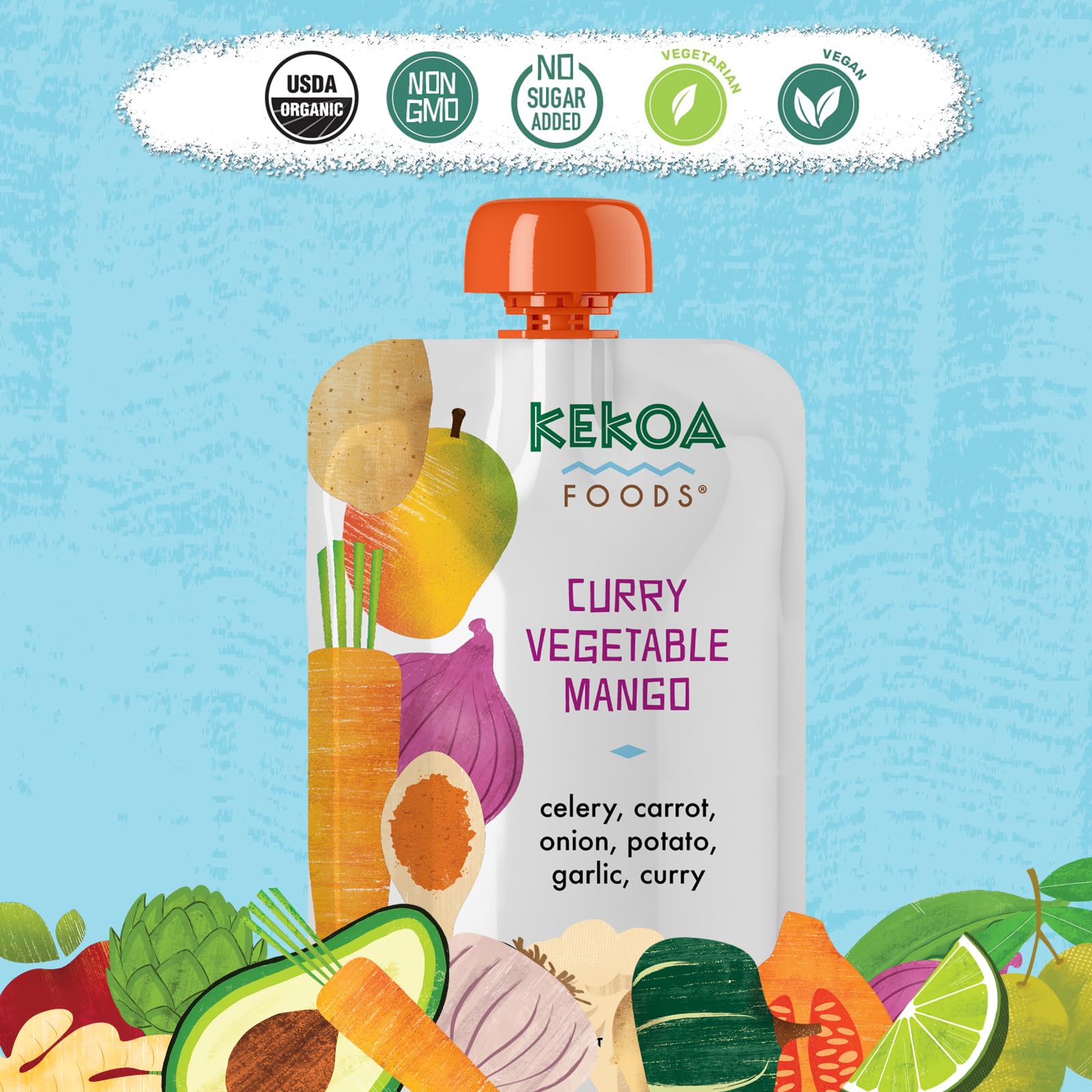 Kekoa Foods puree label close-up—USDA Organic, Non-GMO, no added sugar.