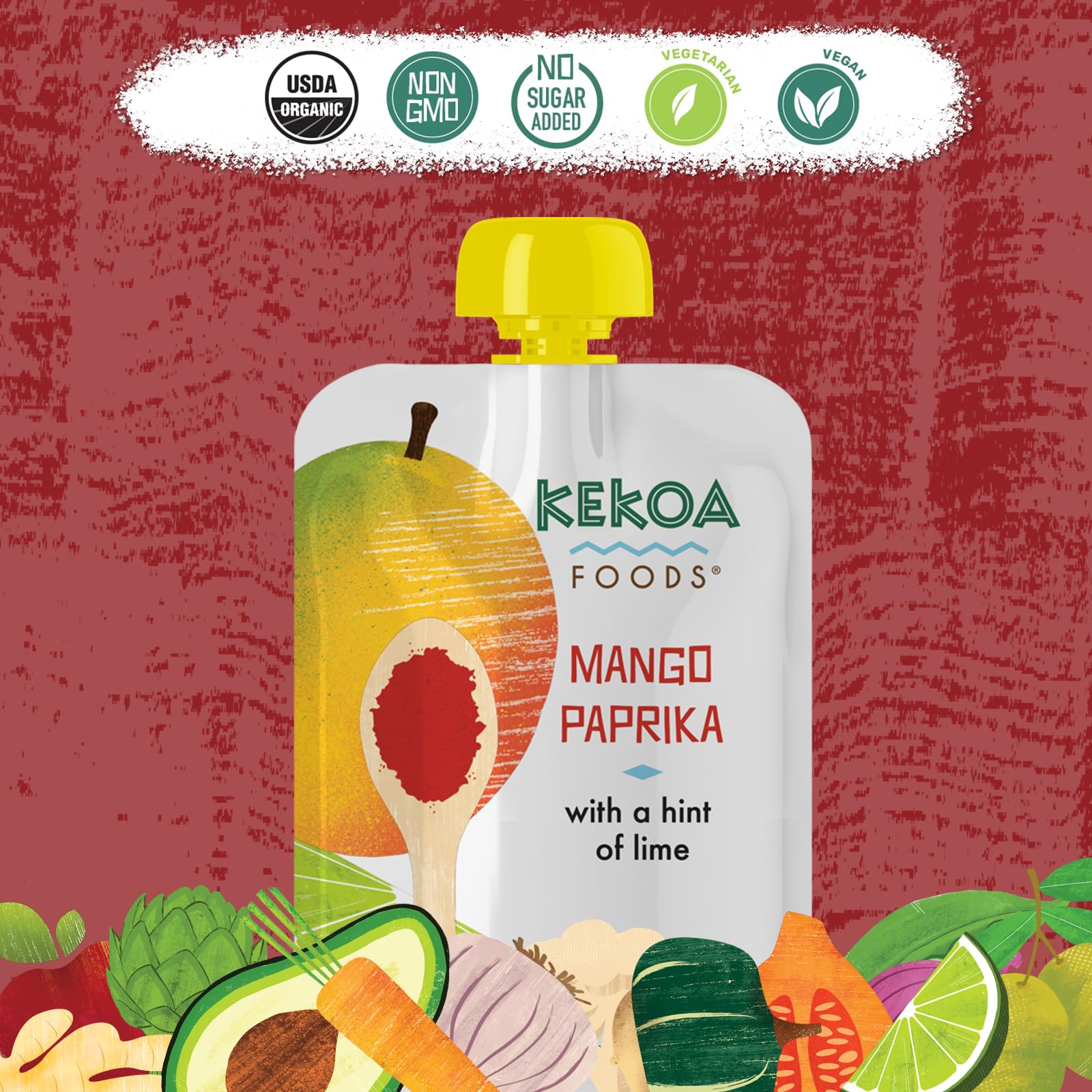 Kekoa Foods Mango Paprika nutrition facts card, highlighting vitamins.