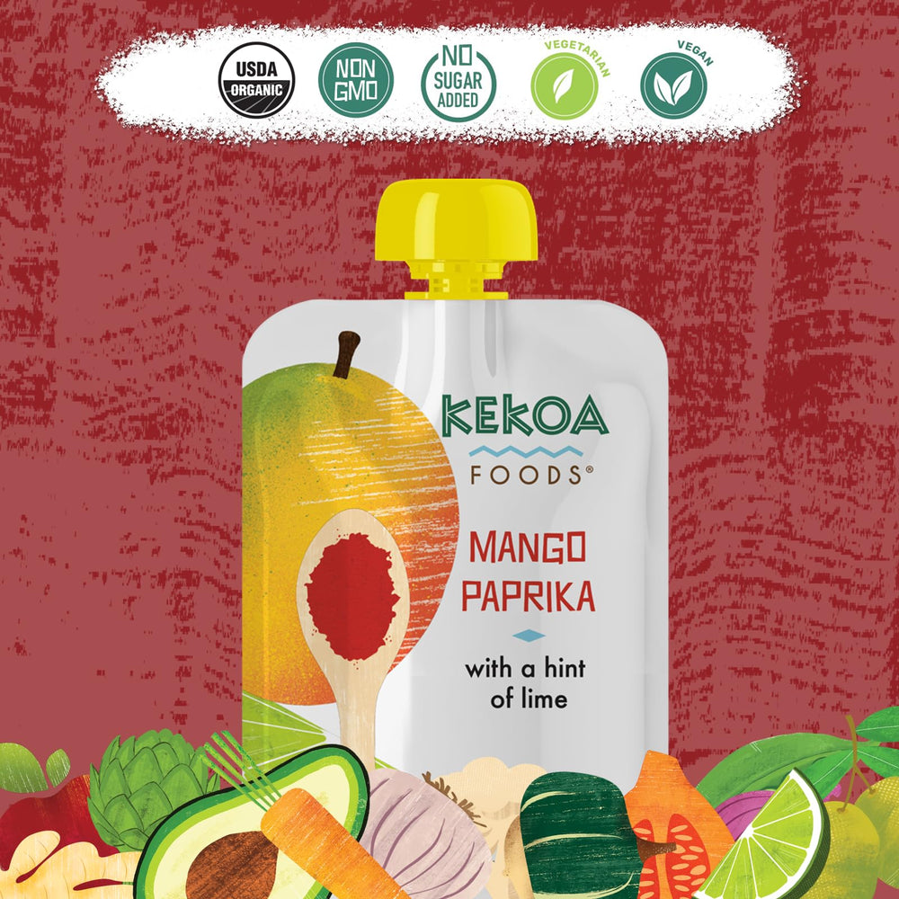 Kekoa Foods Mango Paprika nutrition facts card, highlighting vitamins.