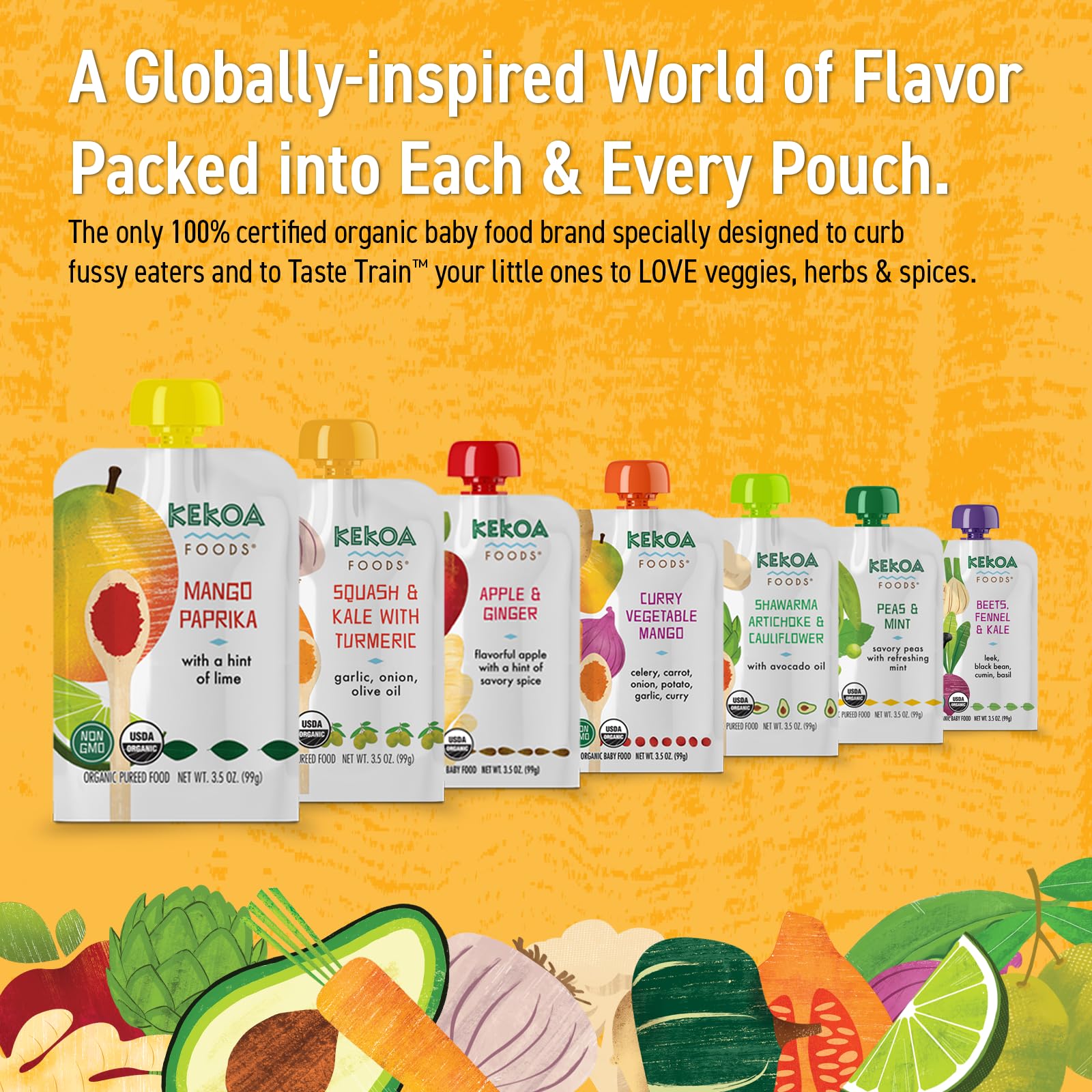Kekoa Foods Mango Paprika packaging display, clean and organic branding.