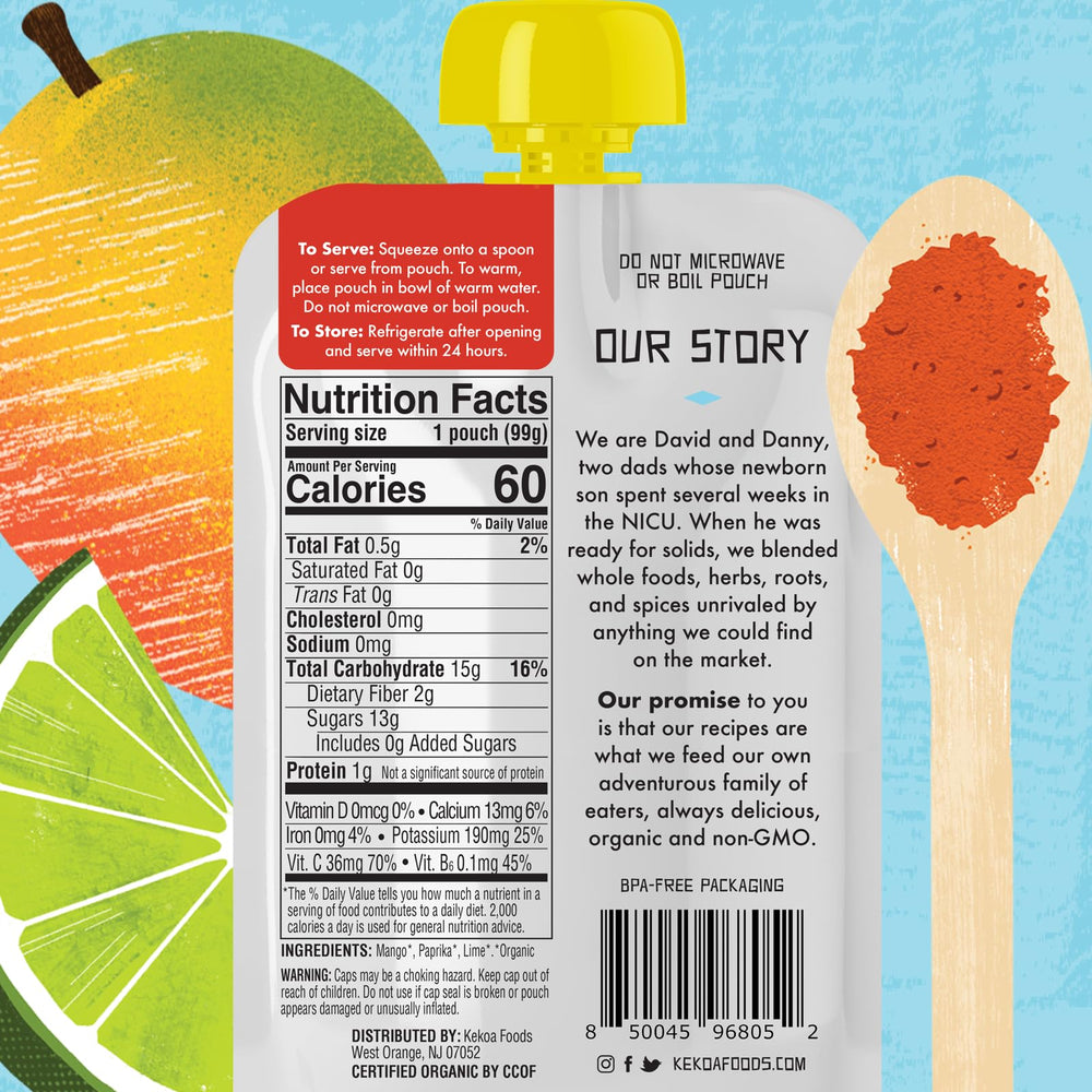 Kekoa Foods Mango Paprika pouch open cap, ready for on-the-go feeding.