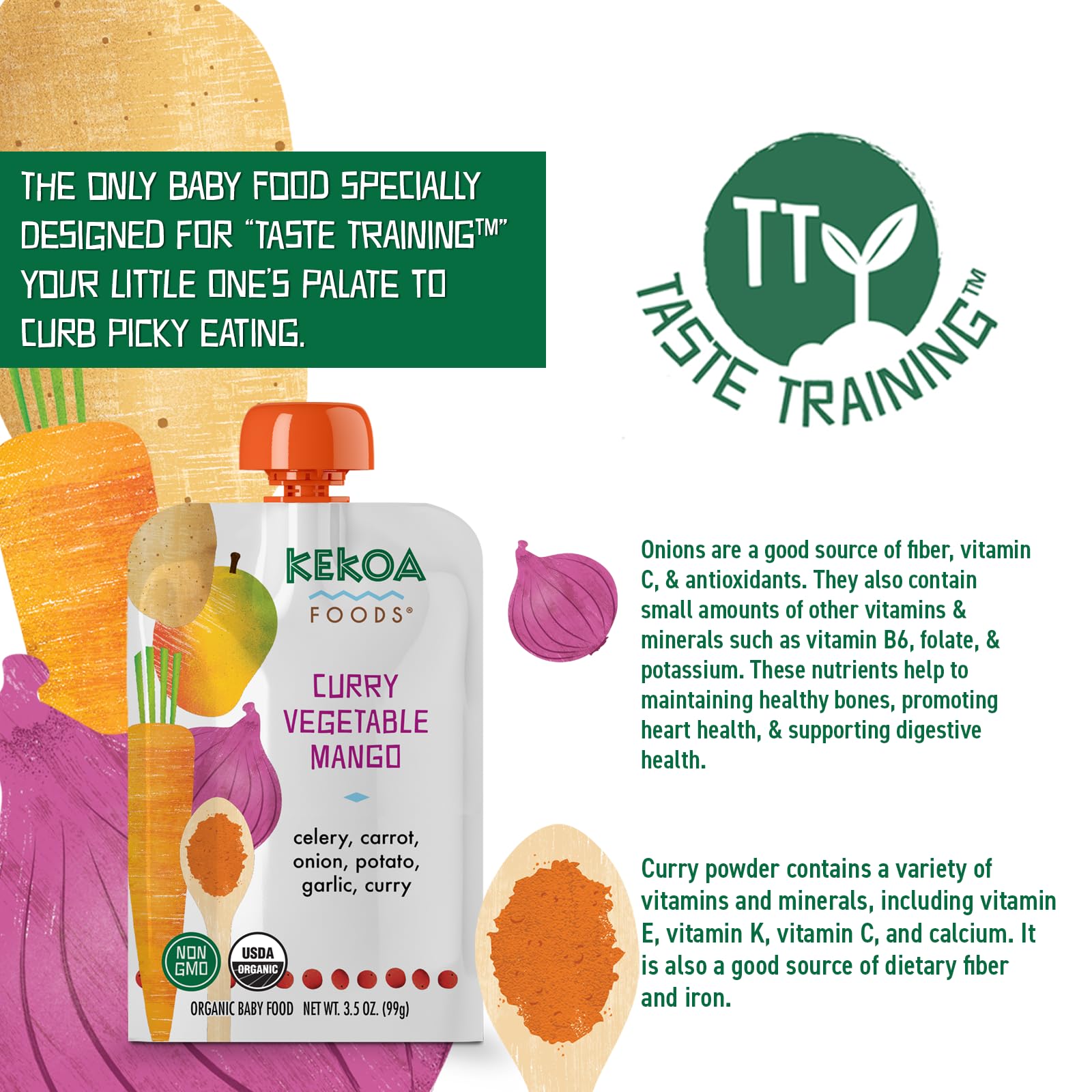 Kekoa Foods organic ingredients close-up—celery, carrot, mango highlight.