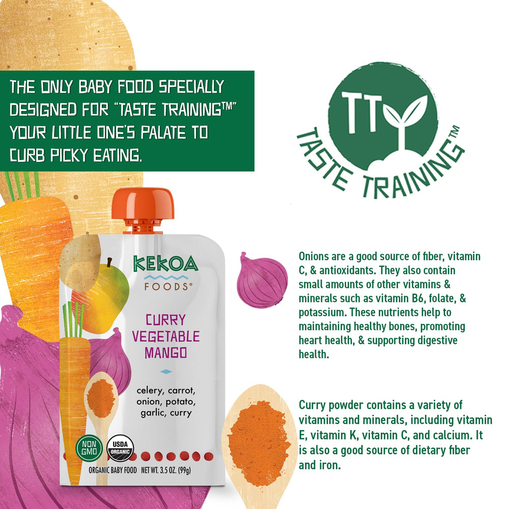 Kekoa Foods organic ingredients close-up—celery, carrot, mango highlight.