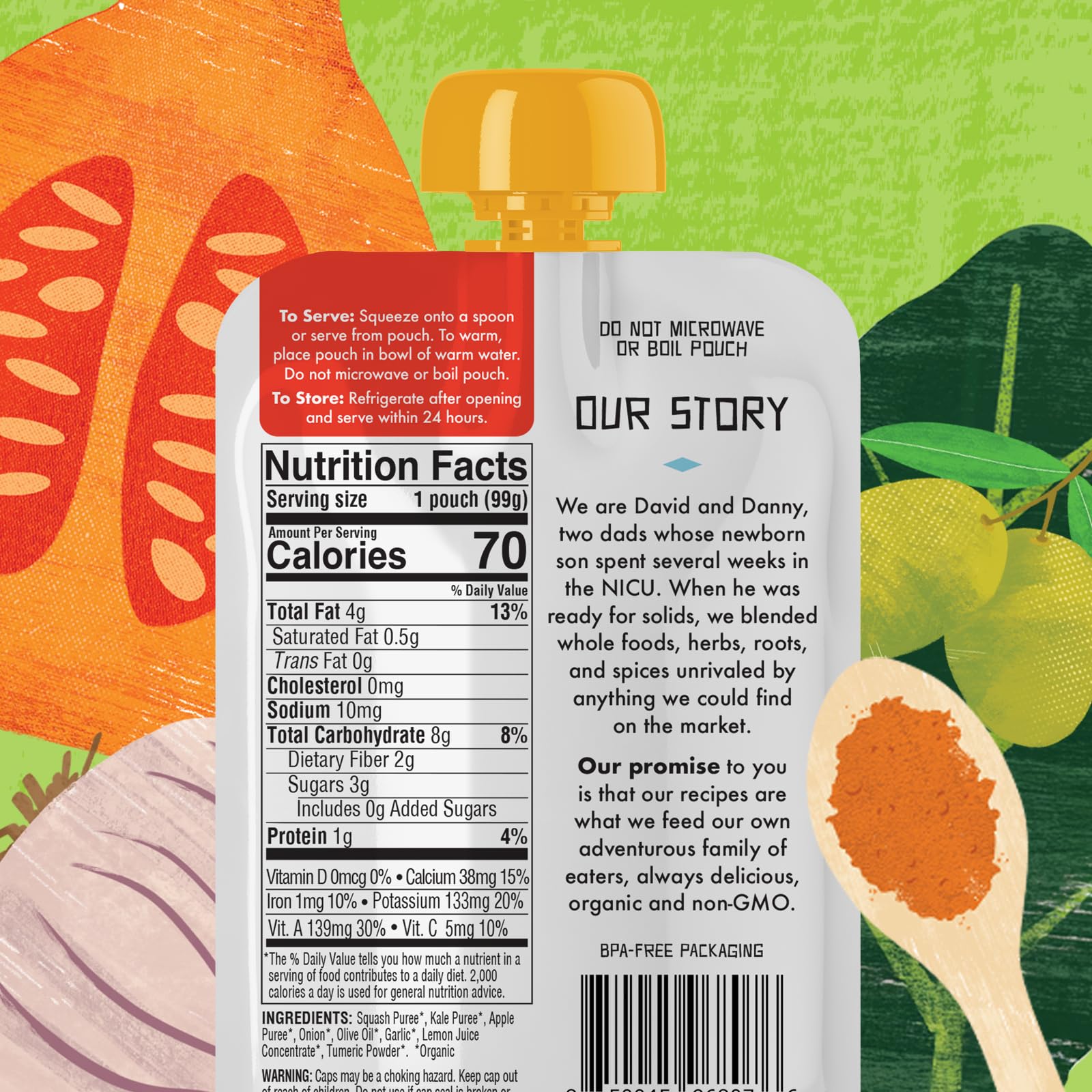 Kekoa Foods pouch ingredients label highlights organic squash, kale, garlic, turmeric for clean nutrition.