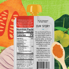 Kekoa Foods pouch ingredients label highlights organic squash, kale, garlic, turmeric for clean nutrition.