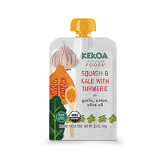 Kekoa Foods Squash & Kale with Turmeric pouch label shows organic, non-GMO assurance.
