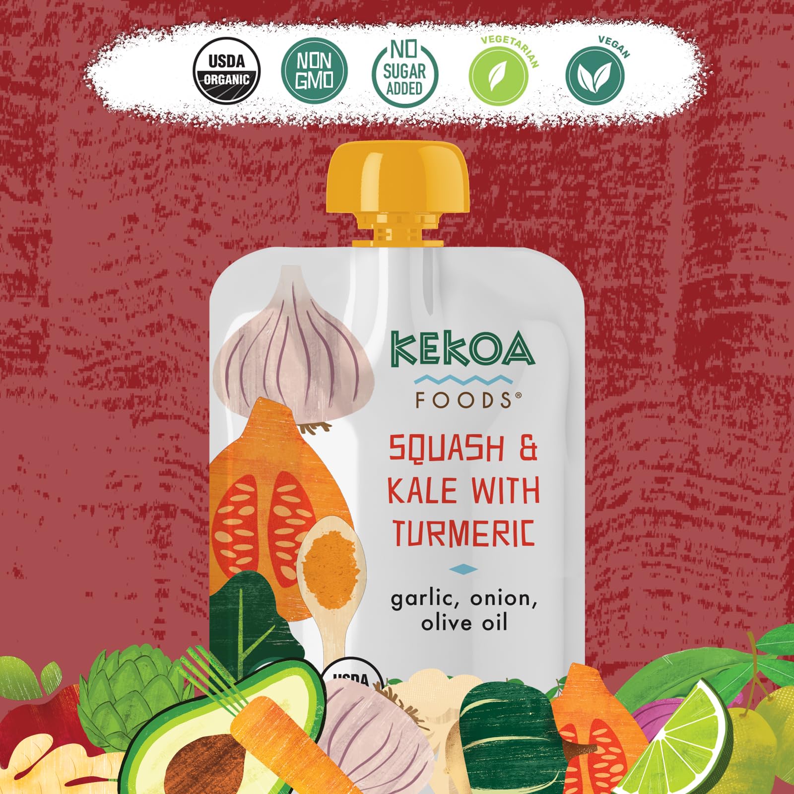 Kekoa Foods pouch pour demonstrates spoon-ready texture for quick, mess-free feeding.
