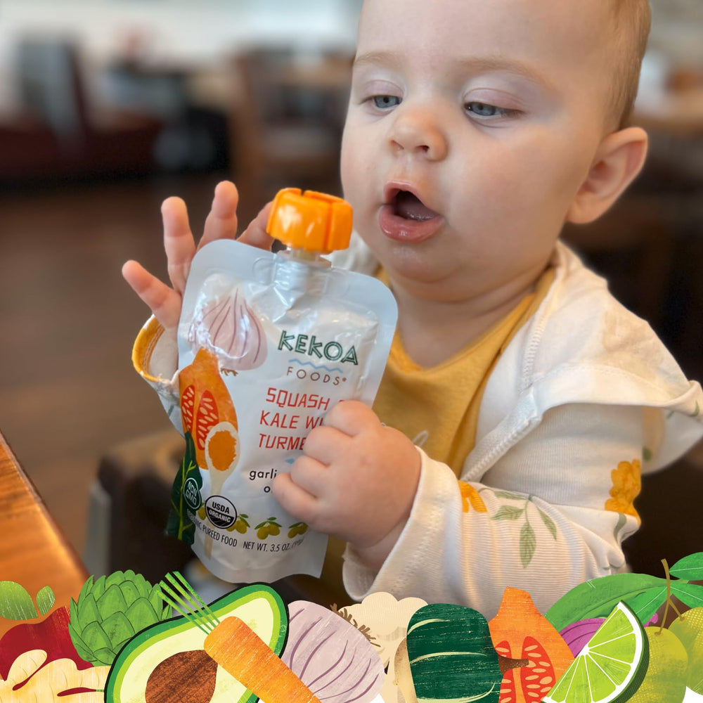 Kekoa Foods pouch in-use with spoon, convenient feeding at daycare or travel.