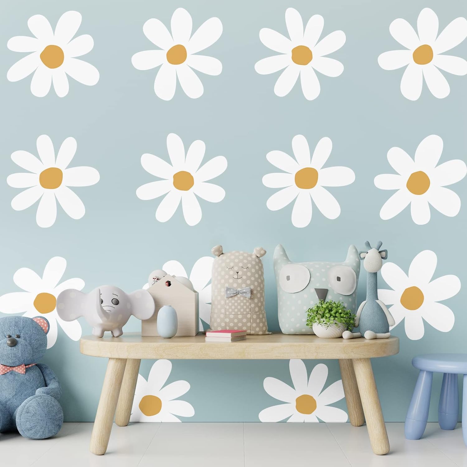 KeLay Fs large daisy wall decals create playful charm in nurseries and kids’ spaces.