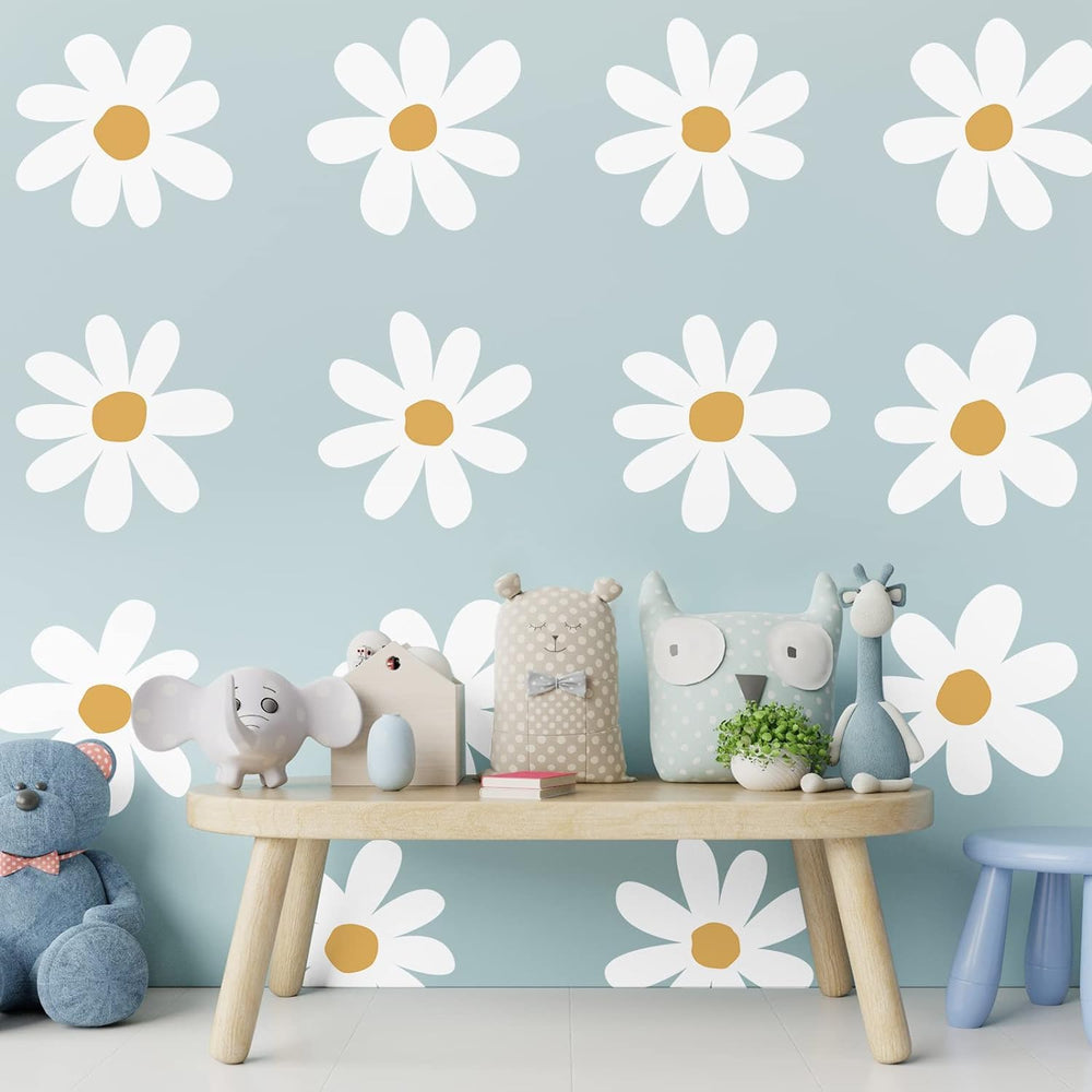 KeLay Fs large daisy wall decals create playful charm in nurseries and kids’ spaces.