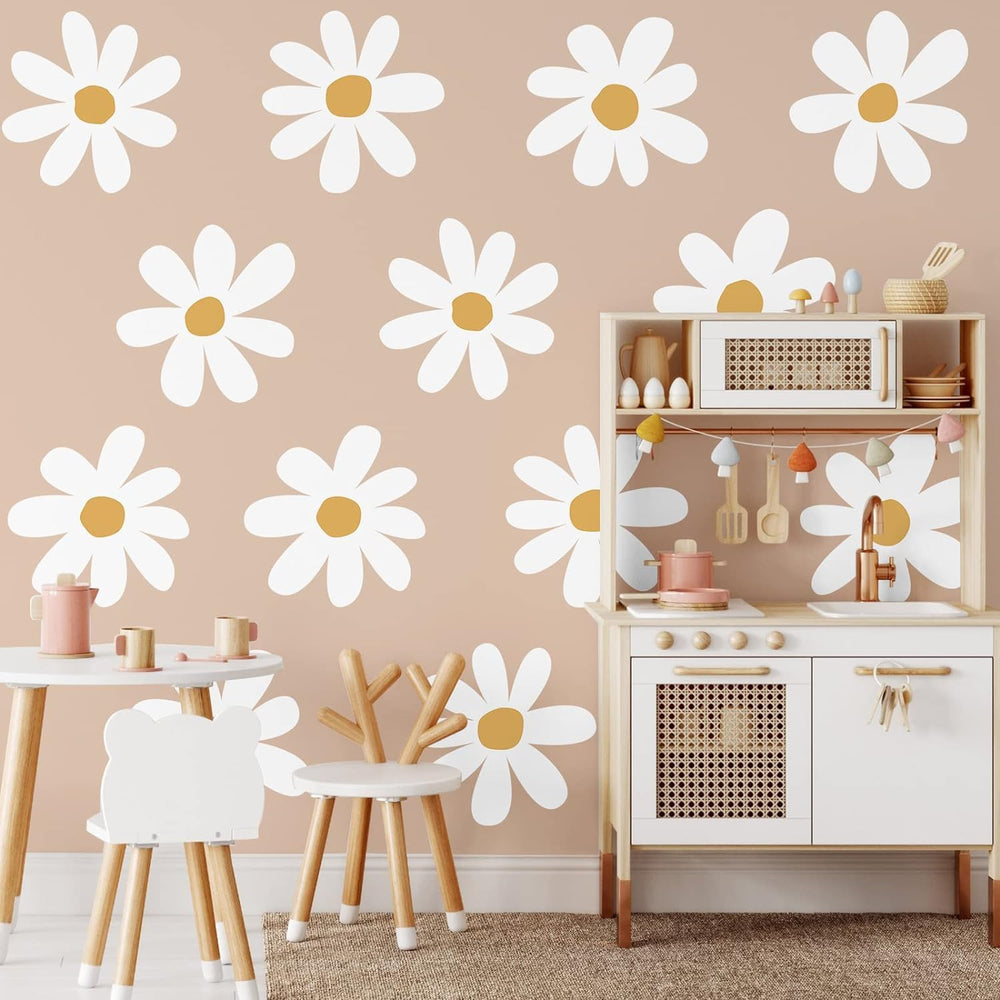 KeLay Fs self-adhesive daisies install easily on smooth surfaces for mess-free decorating.