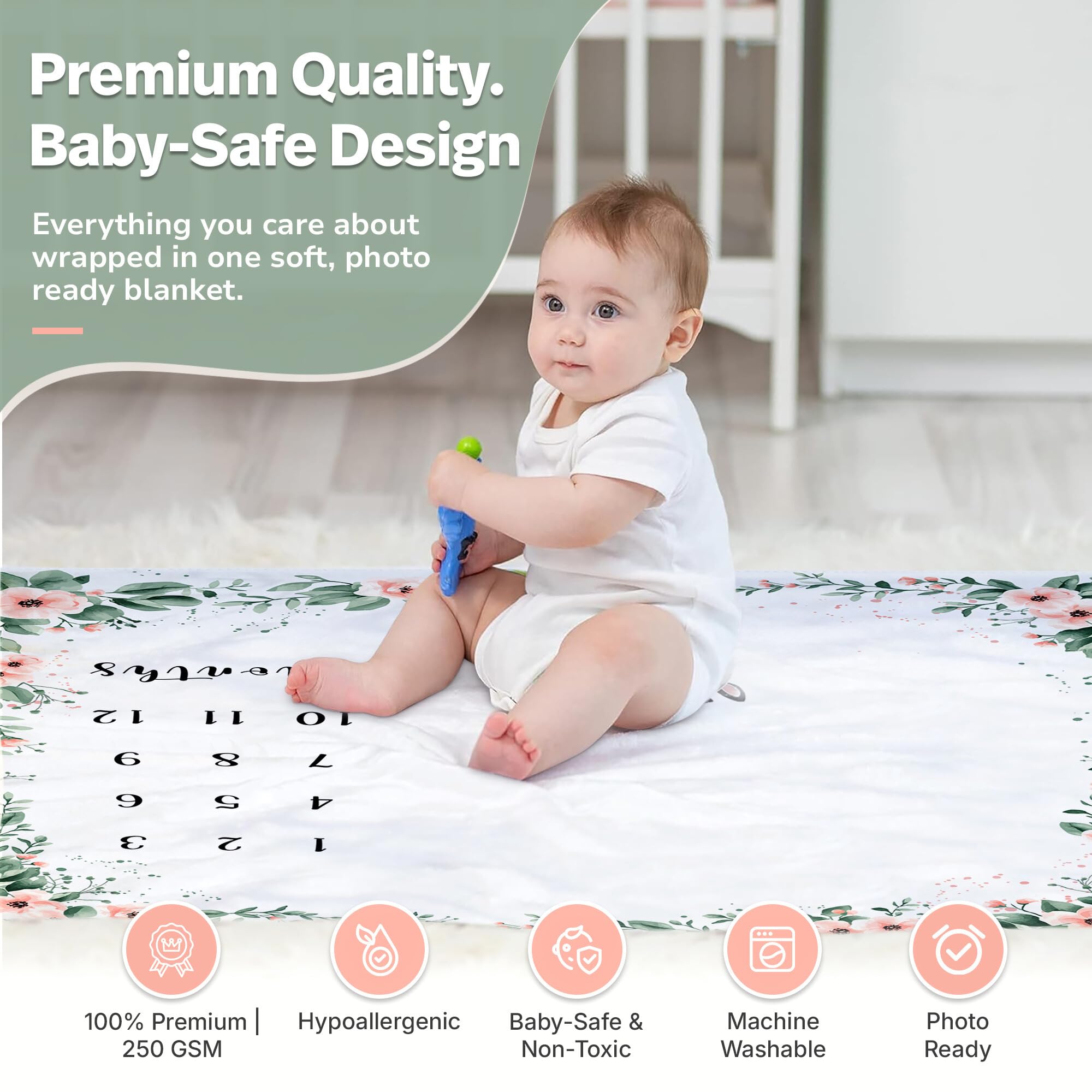 Kemina Milestone Blanket frames monthly portraits for Instagram-ready baby photos.