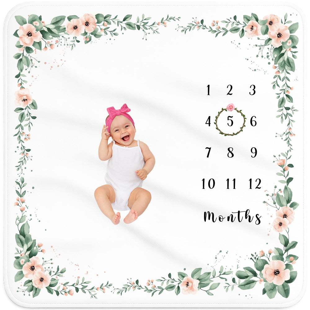 Kemina Baby Monthly Milestone Blanket with floral wreath creates charming newborn photos.