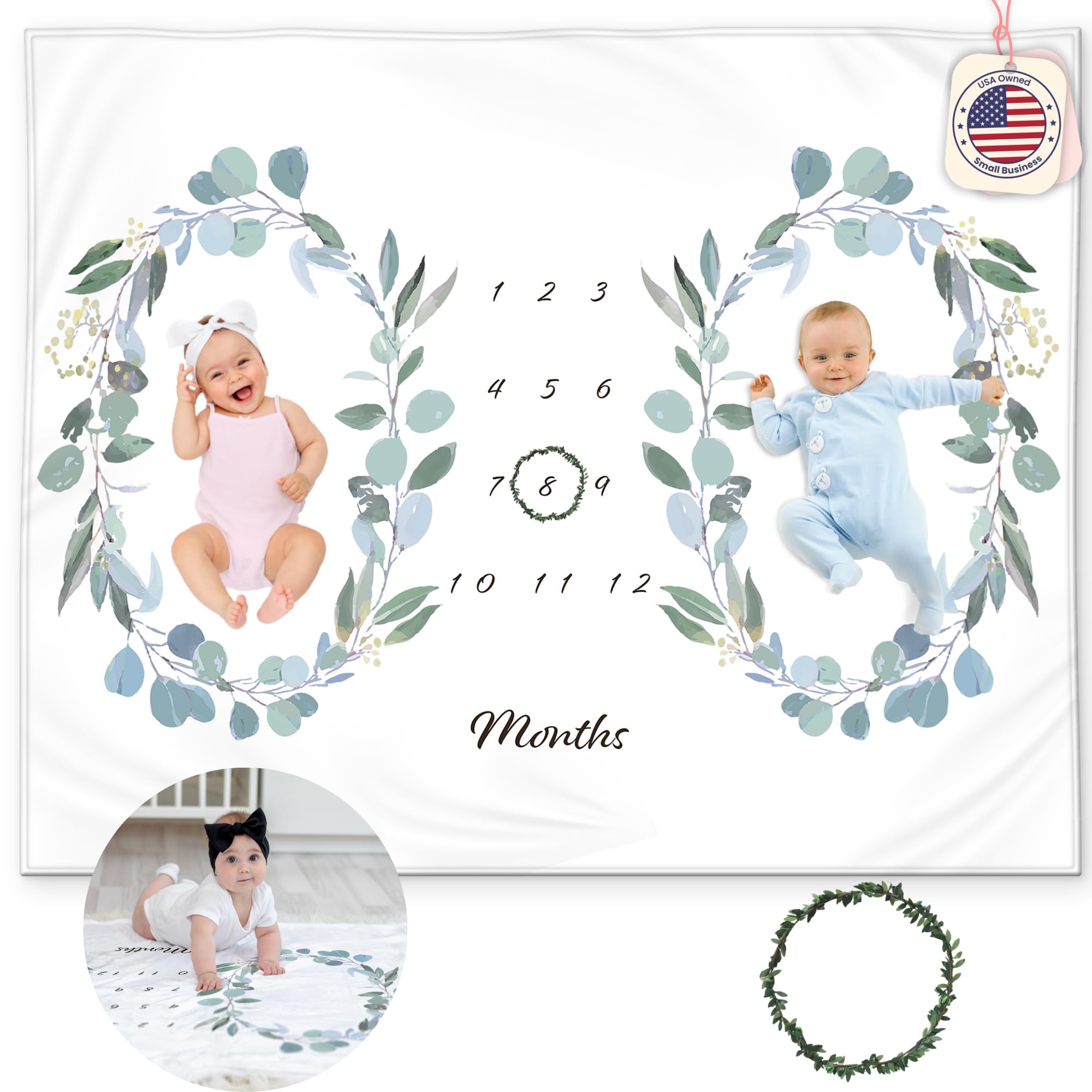 KEMINA BLANKETS twins milestone blanket with eucalyptus wreaths, ideal for monthly twin photos.