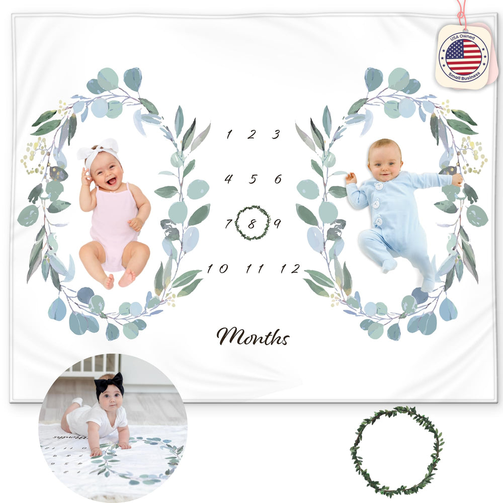 KEMINA BLANKETS twins milestone blanket with eucalyptus wreaths, ideal for monthly twin photos.