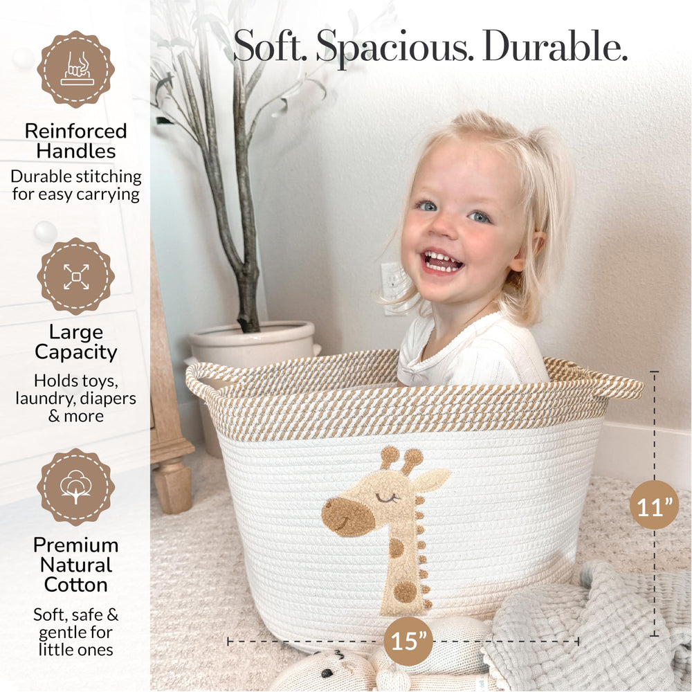 KEMINA BLANKETS cotton rope bin with soft felt giraffe patch for cozy decor