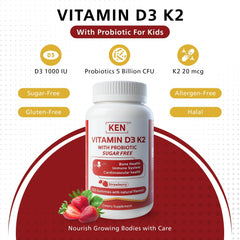 KEN kids gummies label highlights non-GMO strawberry flavor.