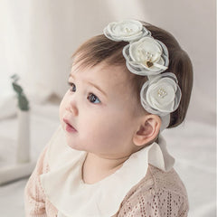 Kenjudess baby headband with white lace flower for newborns, soft and comfortable.
