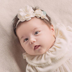 Kenjudess white lace flower headband with adjustable fit for delicate baby heads