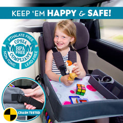 Kenley Kids Travel Tray with cup-holders keeps drinks secure during bumpy car rides.