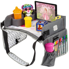 Kenley Kids Travel Tray pink and gray open-top design keeps meals and toys accessible.