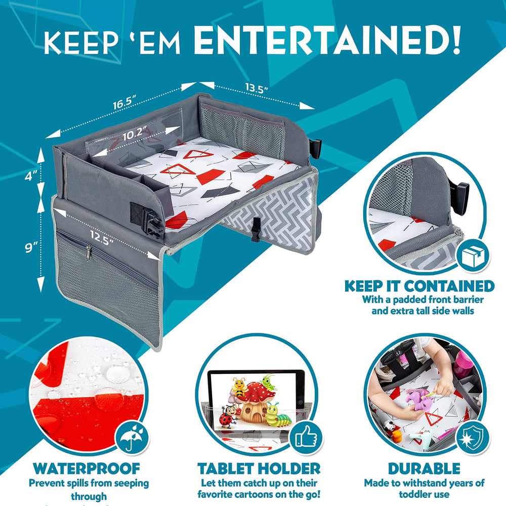 Kenley Kids Travel Tray with multiple storage compartments in use.