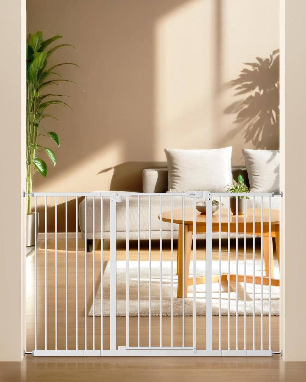 Keny 36-inch tall baby gate on stairs provides sturdy containment for toddlers.