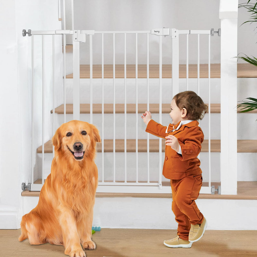 keny 36-inch extra tall gate on stairs; sturdy for active toddlers.