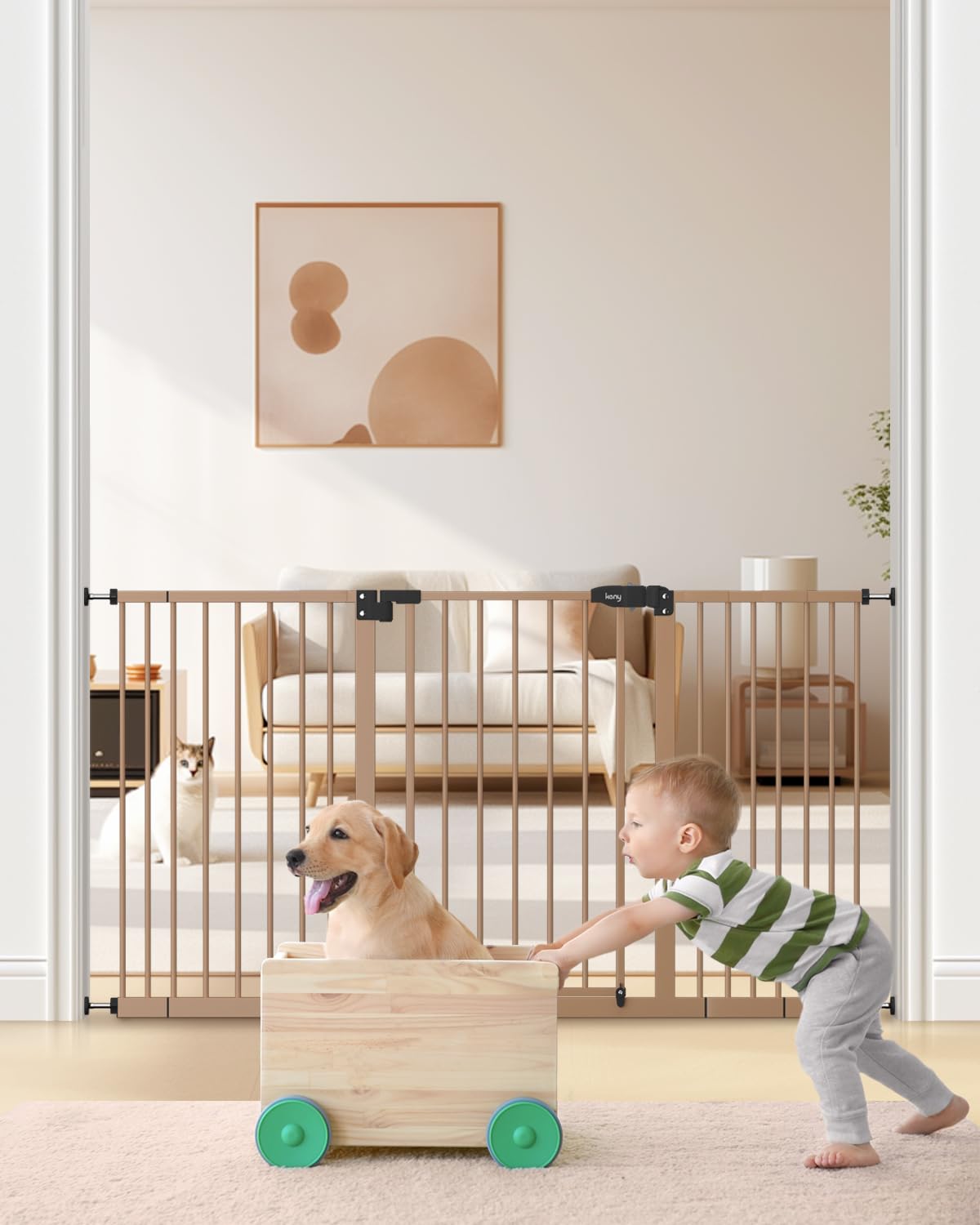 Keny 55-inch adjustable baby gate blocks wide doorways safely for kids and pets