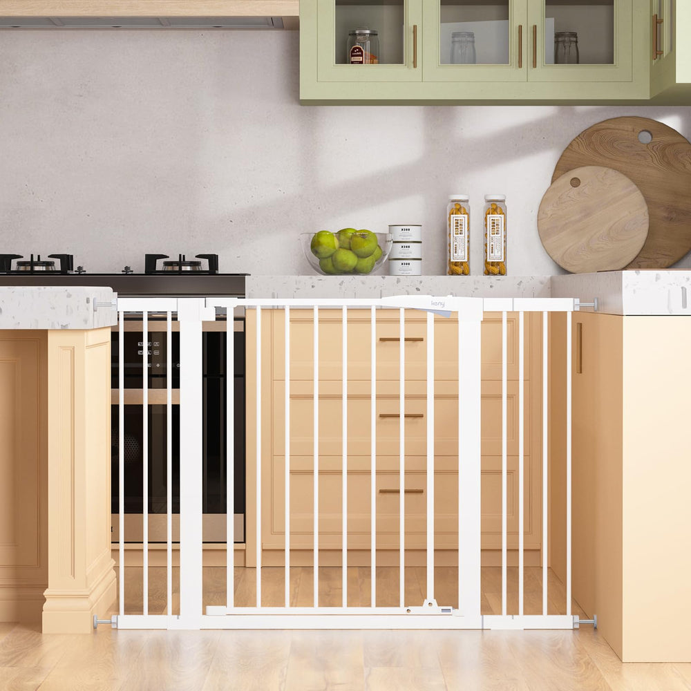 keny baby gate stairs 30 tall installed in doorway, safe for toddlers and pets
