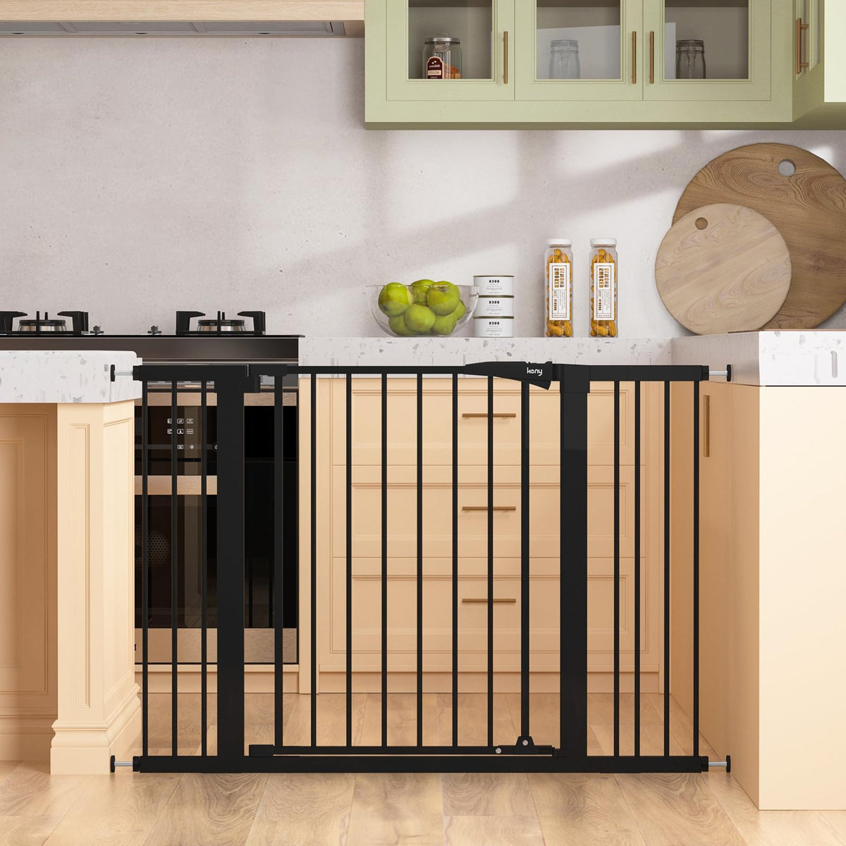 keny baby gate at stairs with auto-close feature for safety