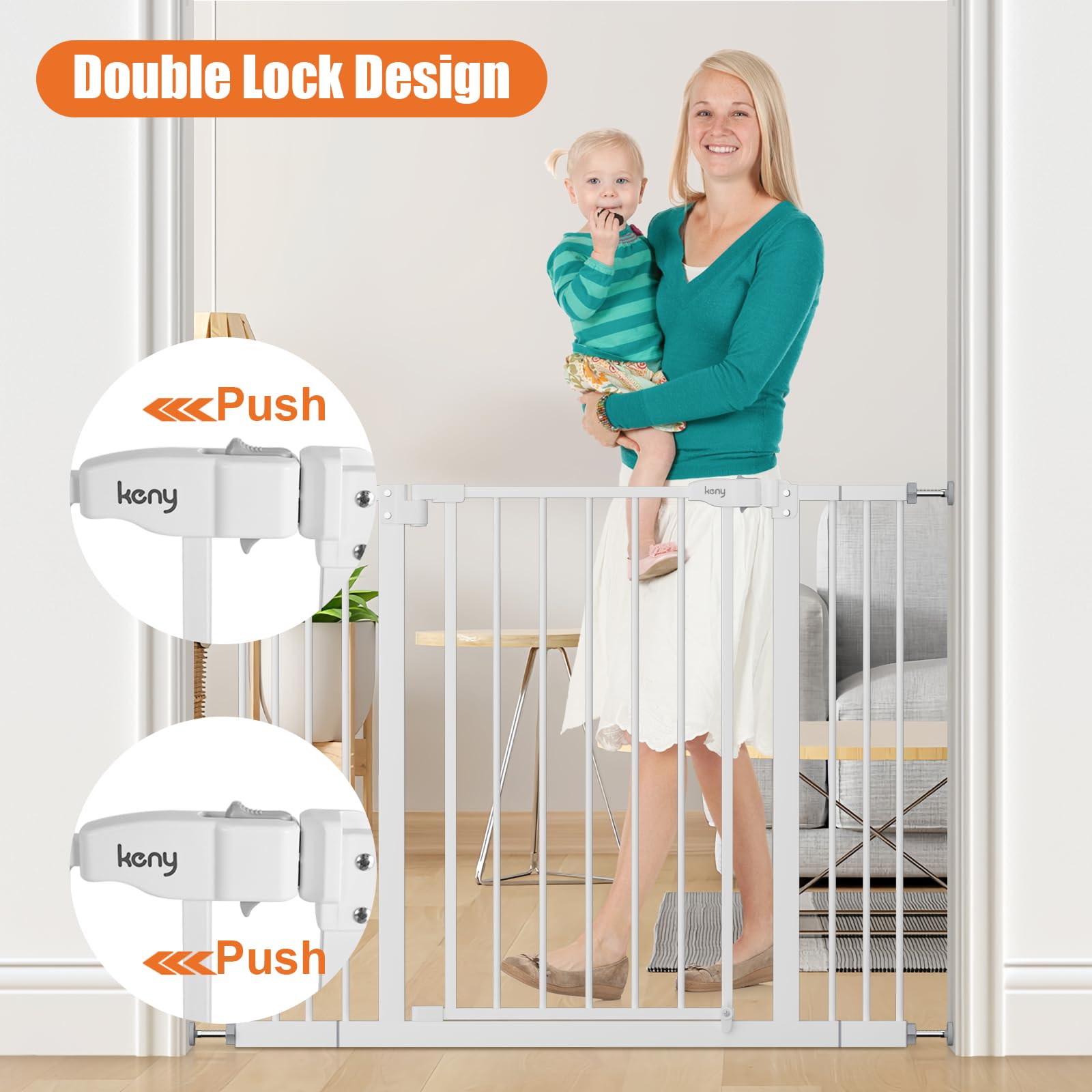 Keny baby gate two-way swing allows convenient, one-handed access.