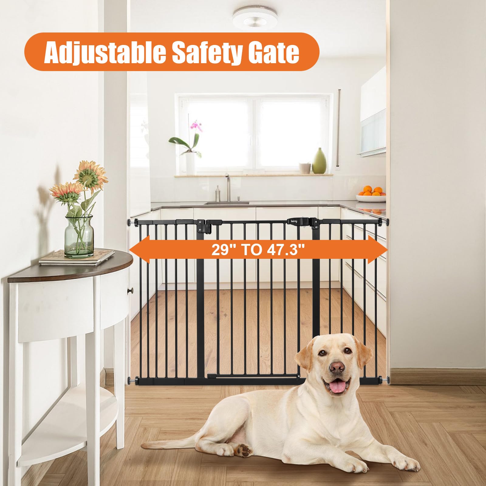 keny extra wide gate with extension kit demonstrates easy widening from 29 to 47.3 inches