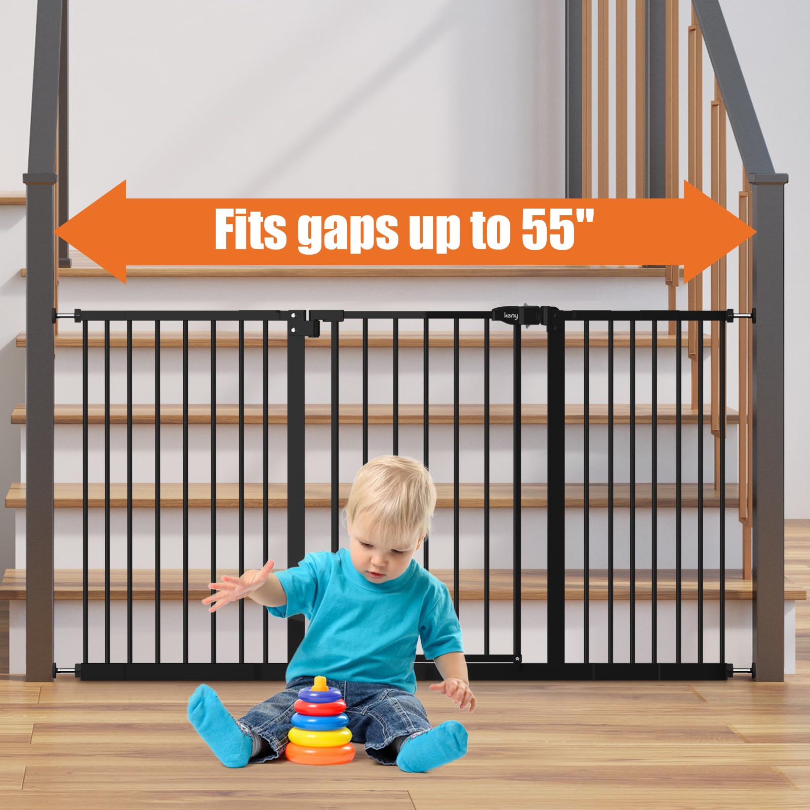 keny wide gate installed on stairs helps keep kids and pets secure.