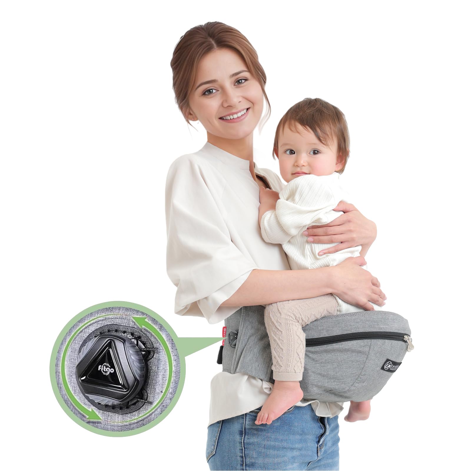 Kerata baby hip carrier front view showing ergonomic support for long walks.