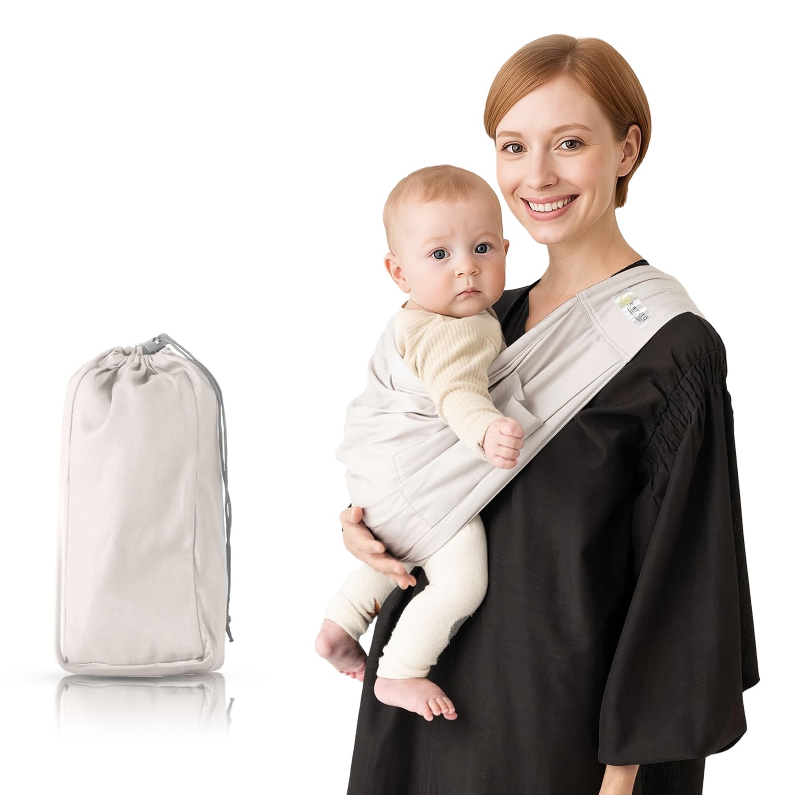 Kerata baby sling front view in grey showing easy access for newborn wearing