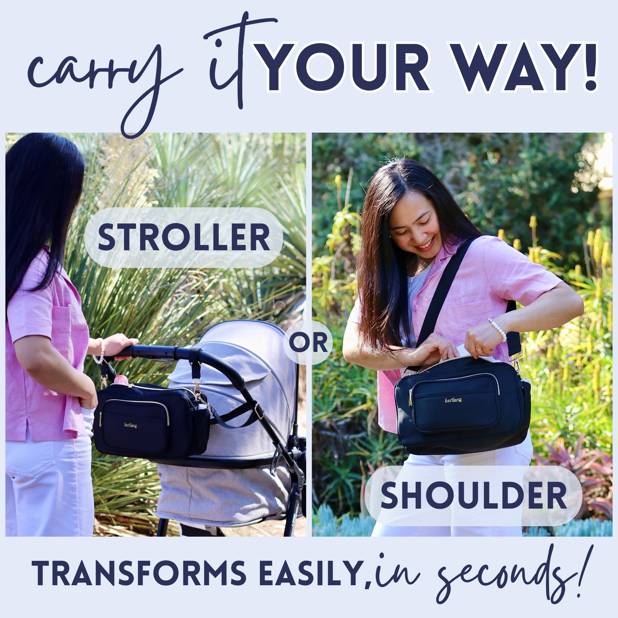 Kerilang stroller caddy with shoulder straps enables hands-free carrying.