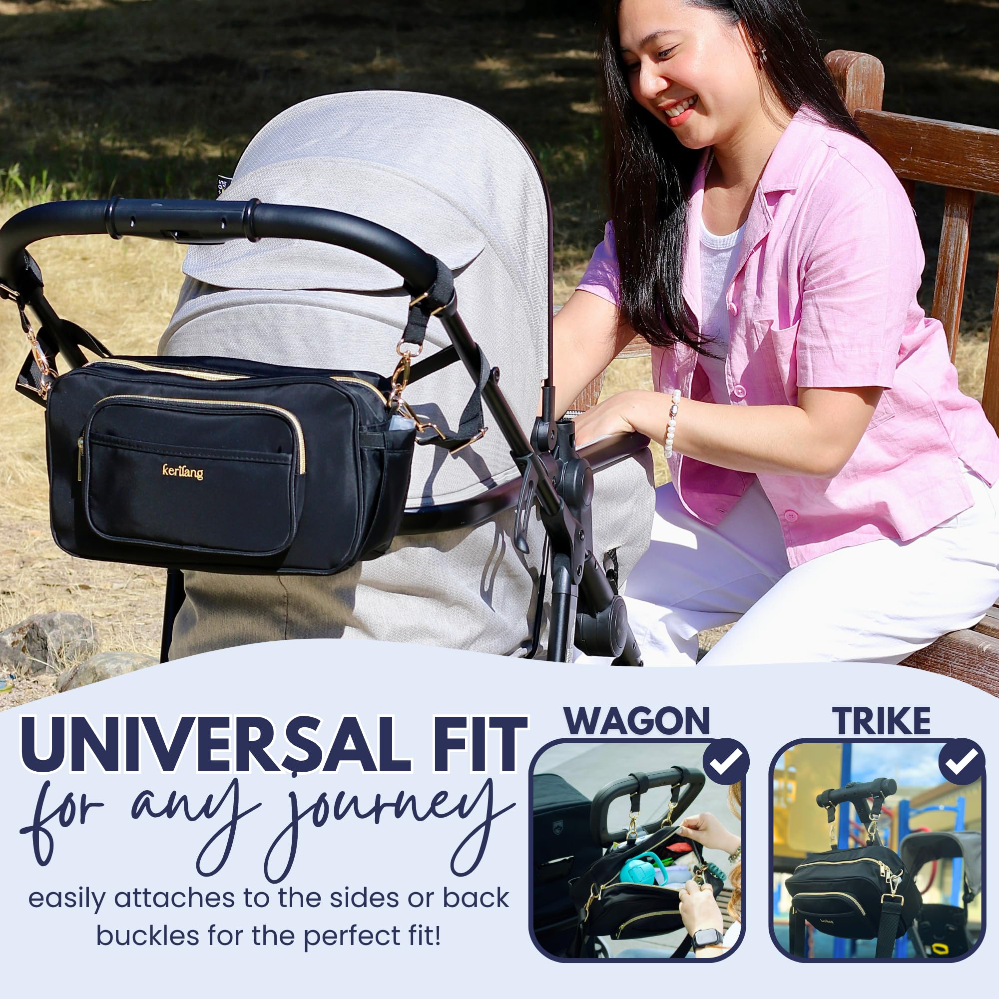 Kerilang stroller organizer with wipes pocket enables quick diaper changes on the move.